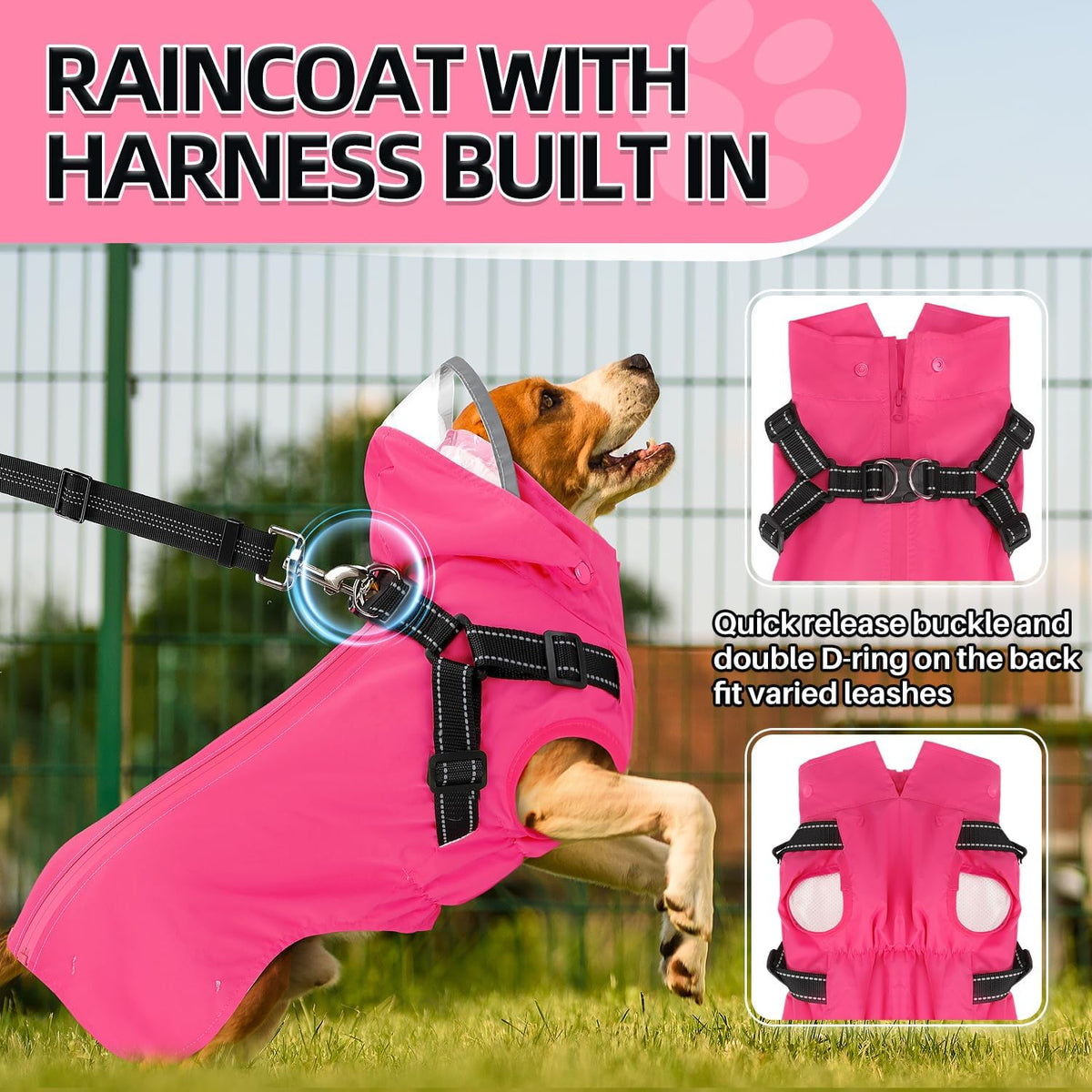 Lukovee Dog Raincoat, Waterproof Jacket with Harness & Removable Hood, M