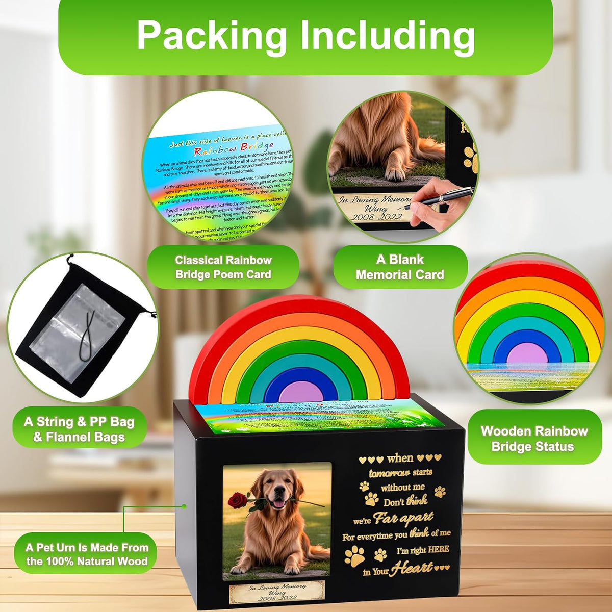 Wooden Rainbow Bridge Keepsakes Pet Urns, Handcrafted Dog/Cat Pet Urn, A Memorial Solemn Set, Pet Ashes Box with Photo Frame, Poem, Personalized Name Tag, ,Flannel Bag ,Pet Sympathy Remembrance Gift
