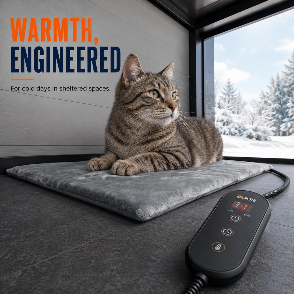 PETNF Outdoor Heated Pet Pad with Adjustable Temperature Control Box, Waterproof Heating Mat with Chew-Resistant Cord & Overheat Protection for Cats, Small Dogs & Feral Cat House, 20" x 16", Gray