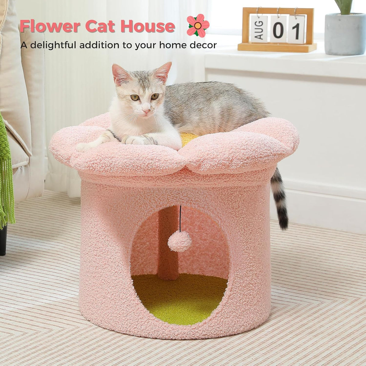 PETEPELA 20" Cute Cat Tree House with Removable Flower Bed, Pink