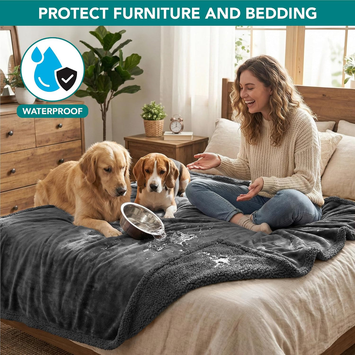 PetAmi Waterproof Dog Blanket for Large Dog Cat Pet, 60x80, Grey Sherpa