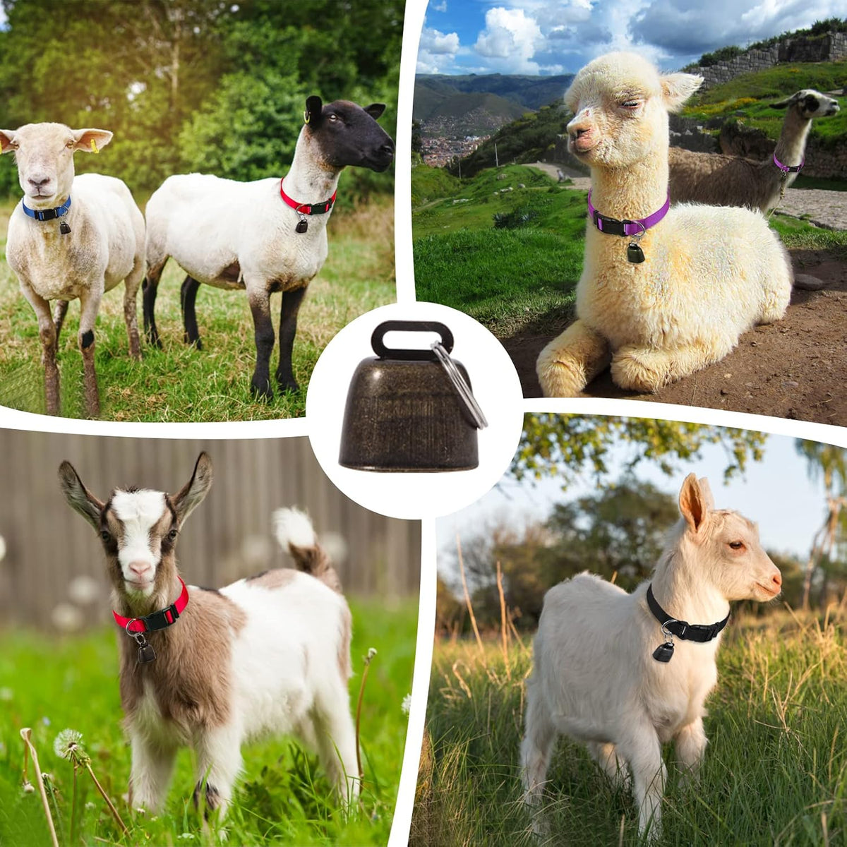 4 Pack Goat Collars with Bell Adjustable Nylon Collar and Grazing Copper Bells Set Farm Animal Anti-Lost with Loud Bronze Bells for Goat Sheep Horse Cow