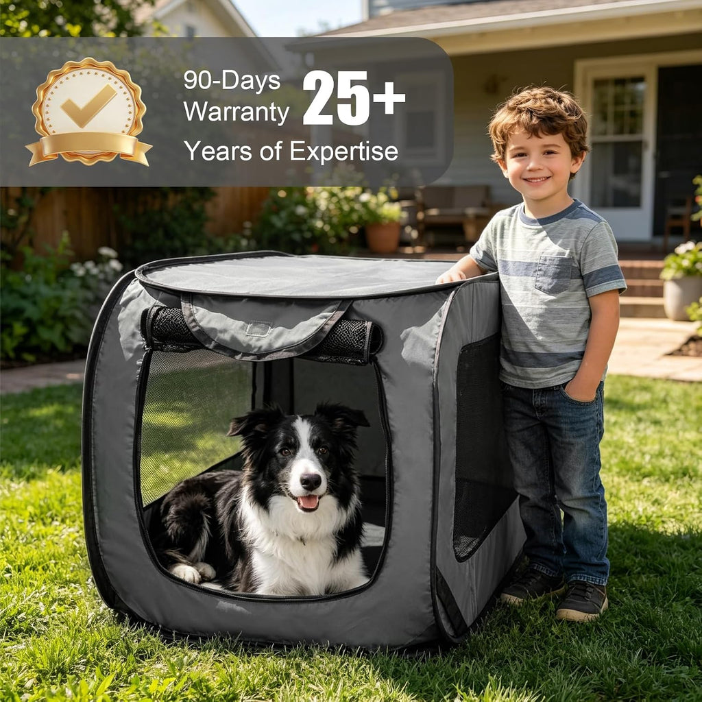 Foldable 36" Dog Crate for Medium Dogs, Portable Waterproof Pop-Up Pet Kennel with Zipper, Collapsible Lightweight Indoor Outdoor Travel Cage with Tie-Down Straps & Ground Nails (Grey)