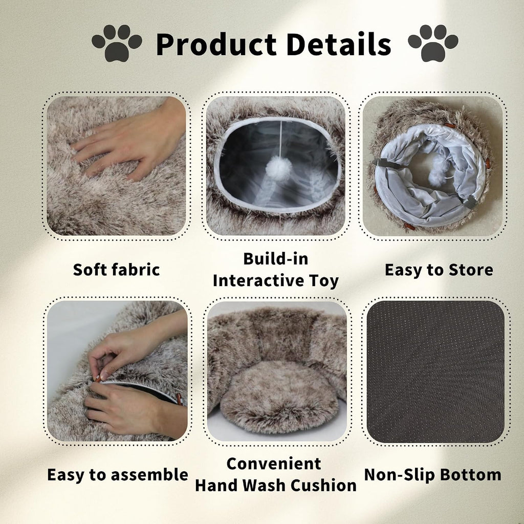 Cat Tunnel Bed for Indoor Cats with Washable Cushion Cat Cave Donut Tunnel with Fluffy Ball Big Round Tube Pet Playground Toys Soft Plush Peekaboo for Kitten, Cat, Puppy, Rabbit, Ferret（Brown）