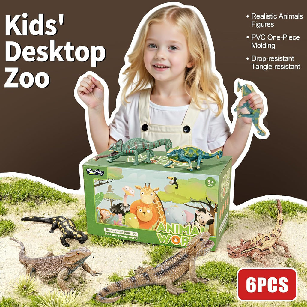 6PCS Large Lizard Figurines Rainforest Animal Toys, Realistic Plastic Reptile Animal Figurines, Includes Bearded Dragon,Fire Salamander,Chameleons,Coast Horned Lizard Toys, STEM Toy for Kids