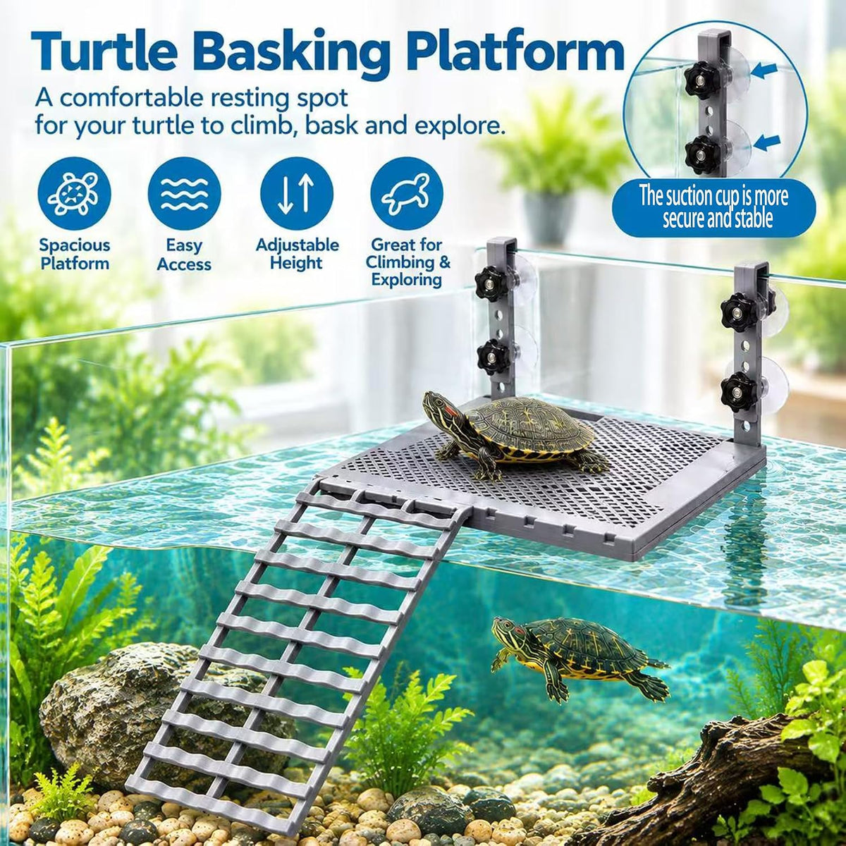 Hanging Turtle Sunbathing Platform, Adjustable Turtle Rest Dock Aquarium Accessory with Non-Slip Ramp