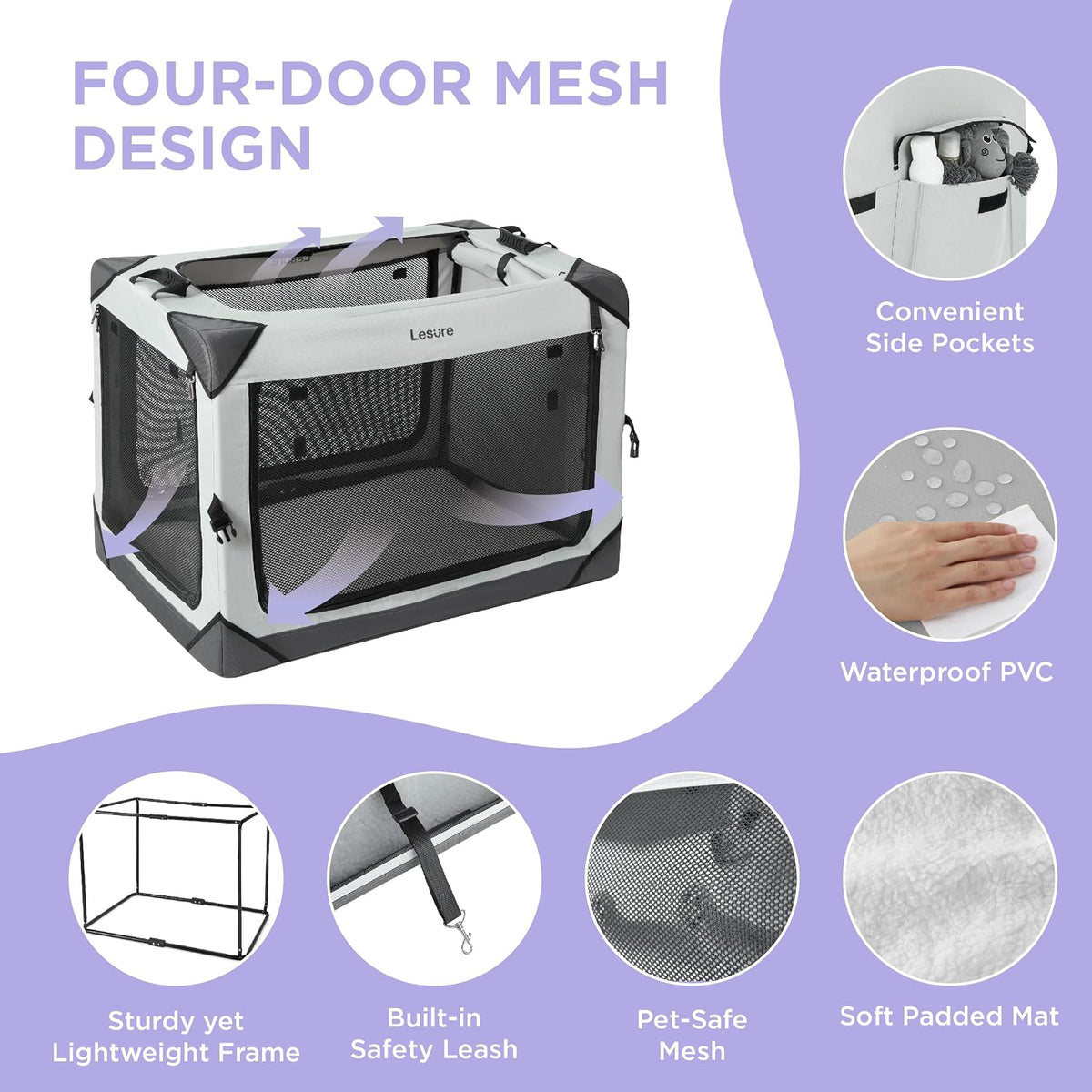 Lesure Portable Soft Collapsible Dog Crate for Large Dogs, 36in Light Grey