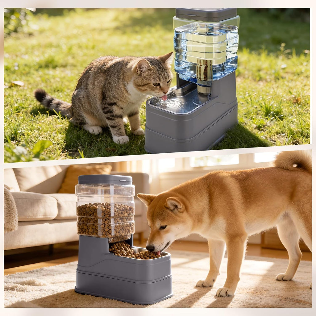 Pawzone 2 Pack Automatic Cat Feeder and Water Dispenser 1.3 Gallon Dog Gravity Food Feeder and Water with Ice Pack Stainless Steel Dry Food and Water Bowl for Small Medium Large Pets (Grey)