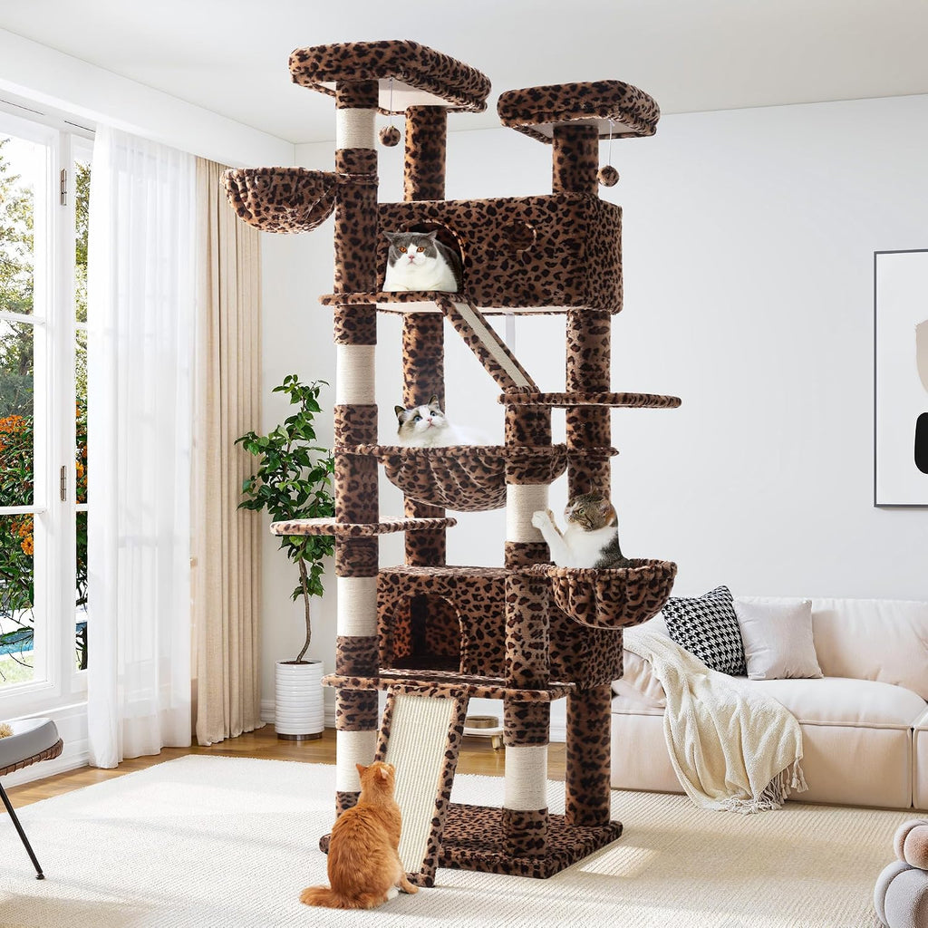 Allewie 81 Inches Tall Cat Tree/Multi-Level Large Climbing Tree House and Towers for Big Feline/Condo and Hammock/Scratching Post/Wide Base/Leopard Print