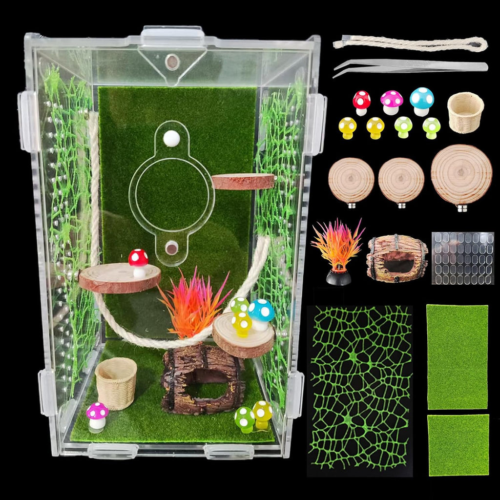 Acrylic Jumping Spider Enclosure,Reptile Enclosure,Bug Habitat, for Small Tree Dwelling Reptiles,Arboreal Tarantula Enclosure, Spider Terrarium Kit,Plastic Terrarium(4.7" X 4.7" X 8")