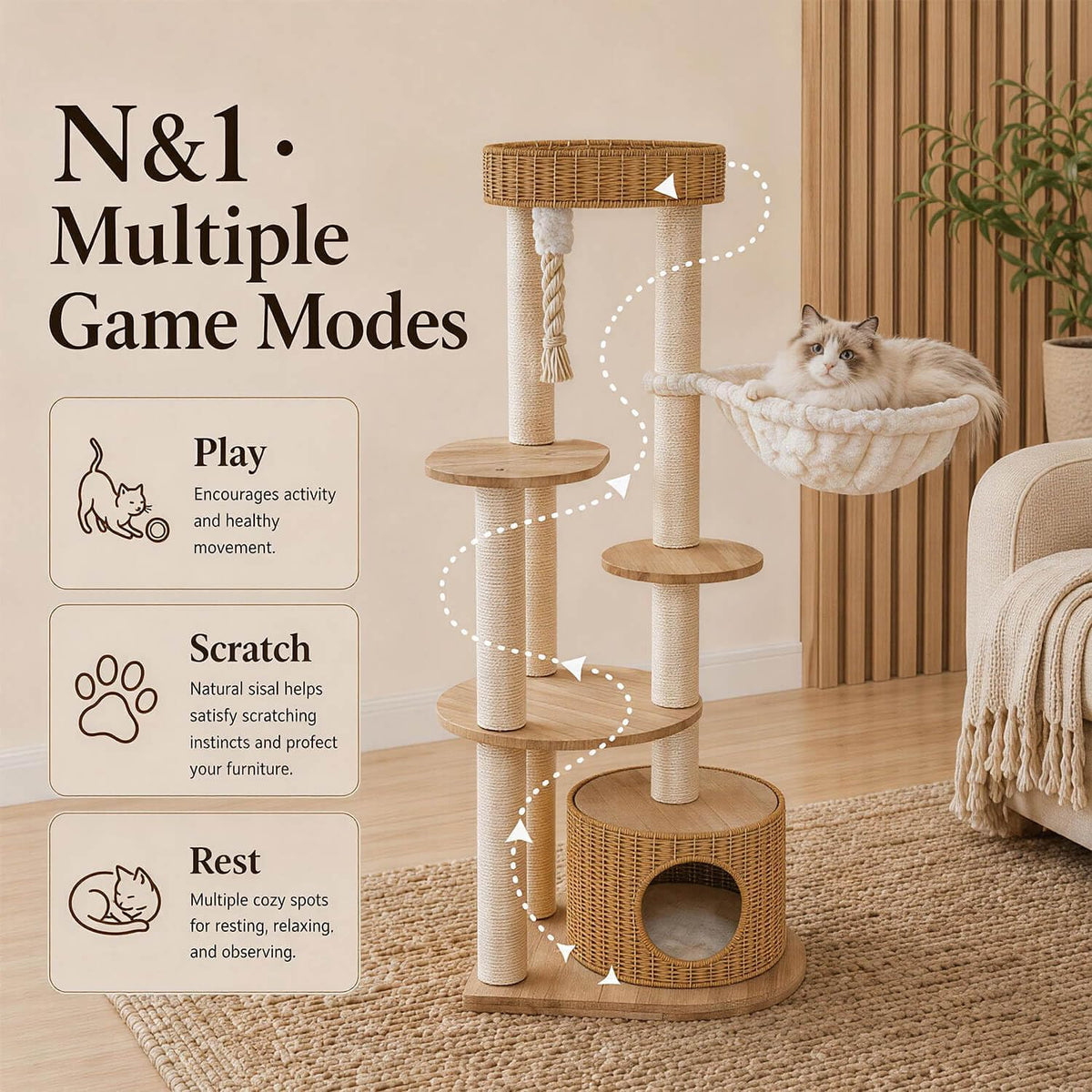 53'' Solid Wooden Cat Tree for Indoor Cats，Modern Large Cat Tower
