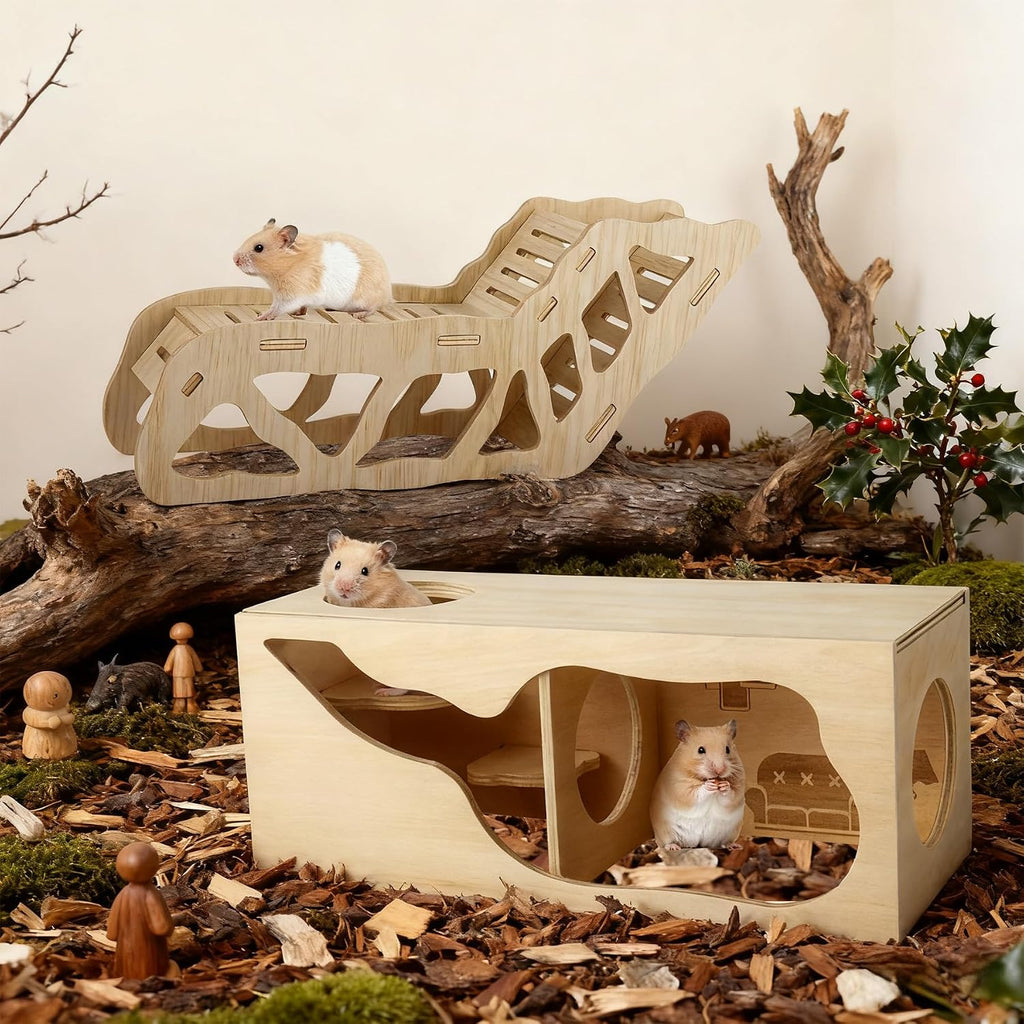 2Pcs Hamster House and Tunnel, Wooden Exploring Tunnel with Ladder, Small Animal Playground Exploring Toys for Syrian Dwarf Hamsters Gerbils Guinea Pig(Style1)
