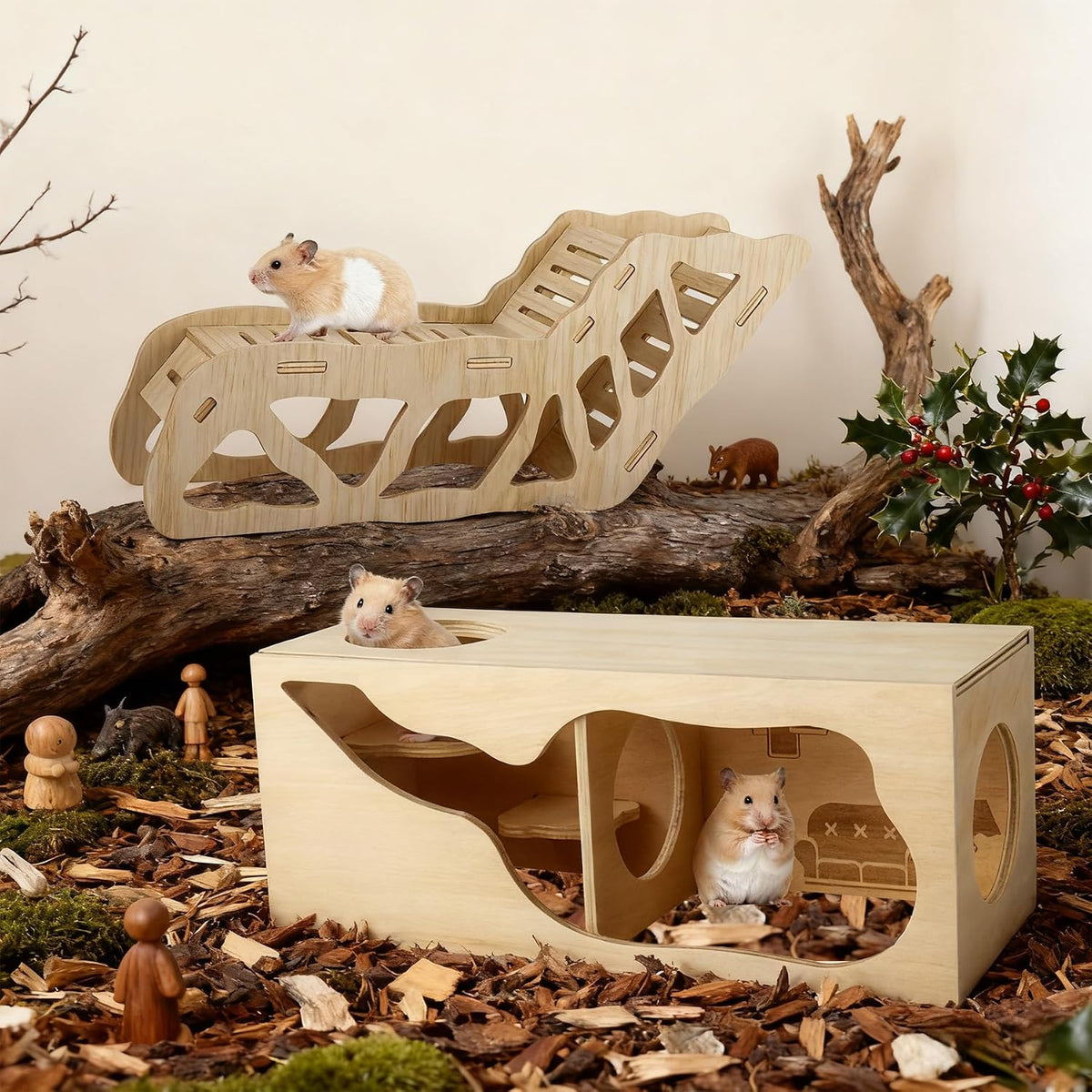 2Pcs Hamster House and Tunnel, Wooden Exploring Tunnel with Ladder, Small Animal Playground Exploring Toys for Syrian Dwarf Hamsters Gerbils Guinea Pig(Style1)