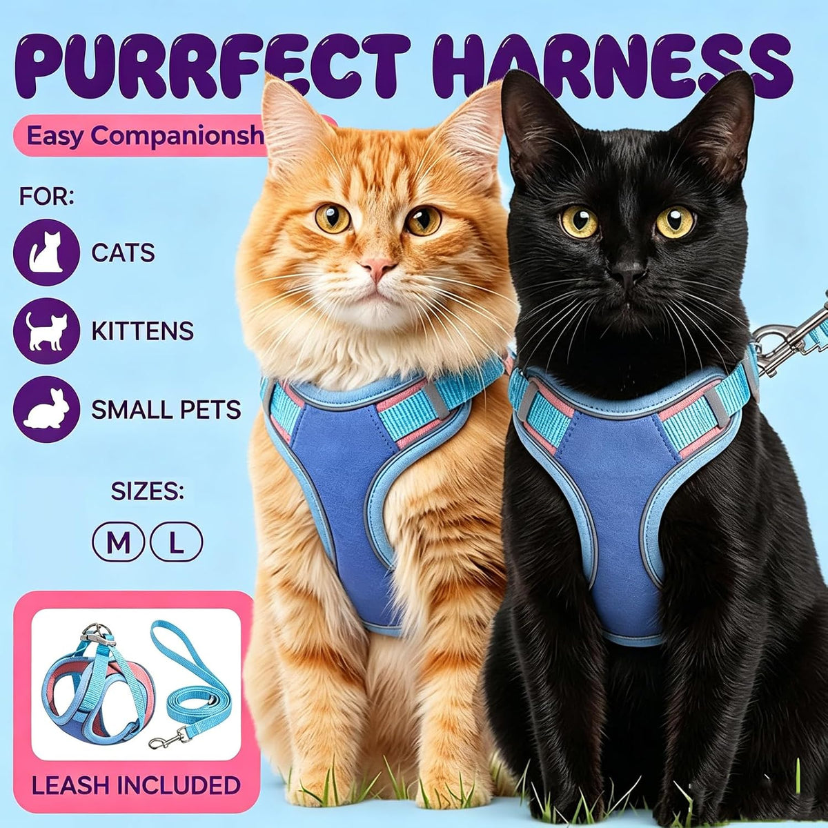 Cat Harness and Leash, Escape-Proof Cat Harness Set, Adjustable Step-in Pet Harness for Walking for Small Medium Cats/Dogs-Blue (M ： 4-9 IB)
