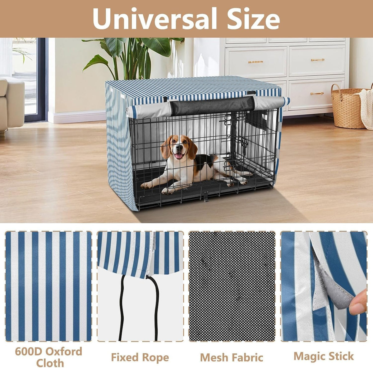 Blue White Stripes Dog Crate Cover 600D Oxford Heavy Duty Kennel Cover Mesh Window Soundproof Waterproof Sunshade Universal Fit for 30 inches Wire Cage
