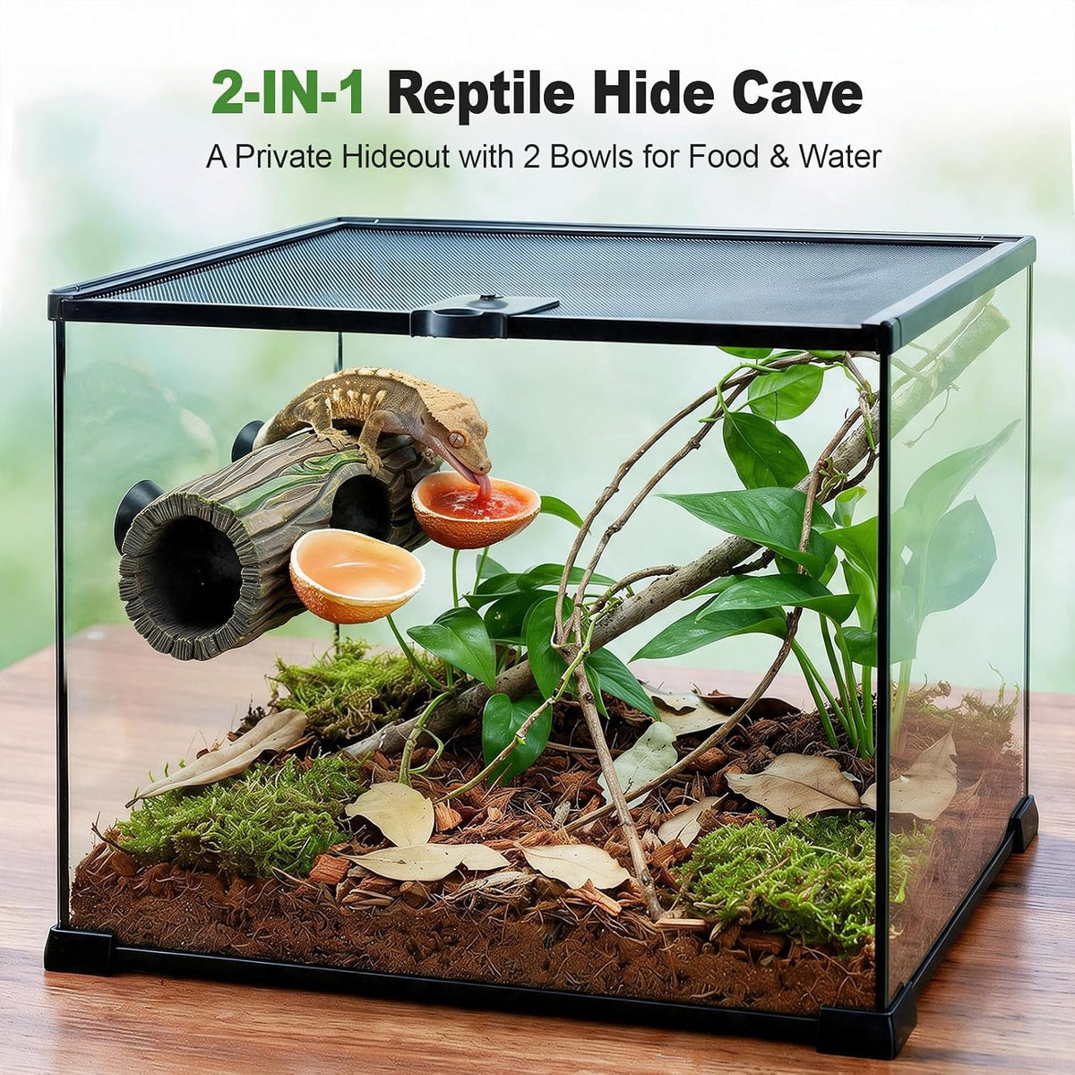 2-in-1 Magnetic Reptile Hide Cave with Dual Feeding Bowls