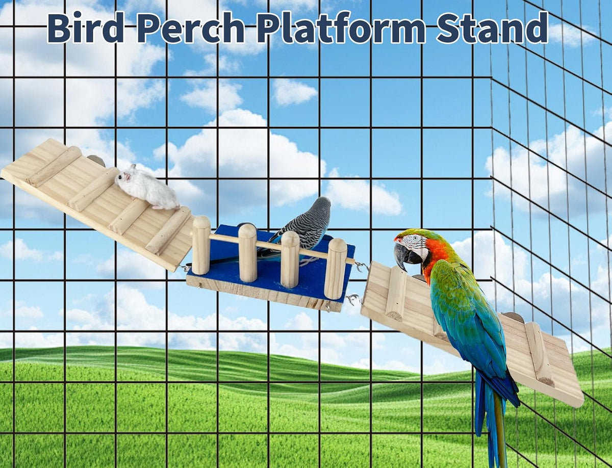 FlidRunest Bird Toy, Parrot Perch Platform with Swing and Ladder, Bird Perch Paw Grinding Rough-surfaced, Wooden Climbing Exercise Stands for Parakeet, Parrot, Lovebird, Cockatiel, Hamster