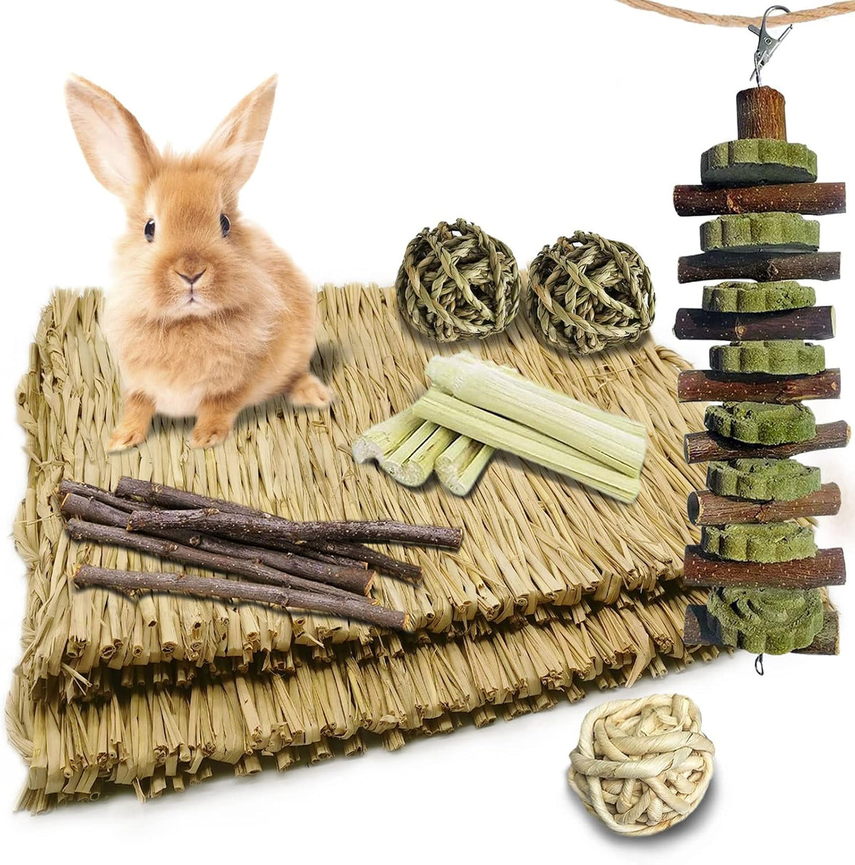 Bunny Grass Bed Mat 18Pcs Rabbit Chew Toys Set Hand-Made Woven Hay Mat