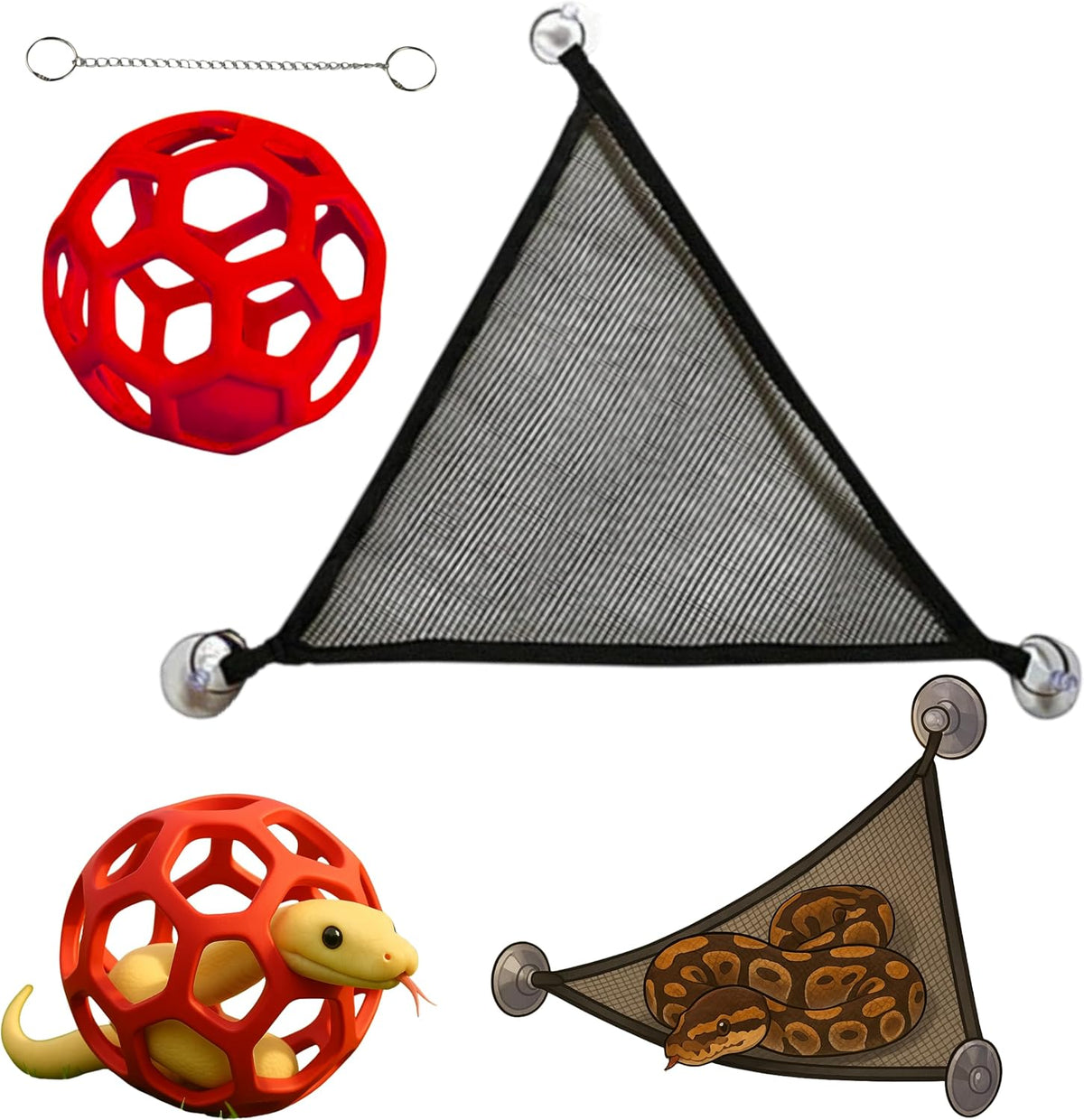 Snake Enrichment Toys Ball with Hammock, Snake Climbing Accessories and Hammock for Ball Python, Small Jungle Gym Ladder Toy, Reptiles Climbing Toy Hammocks, Snakes Tank Accessories (Black Ring, L)
