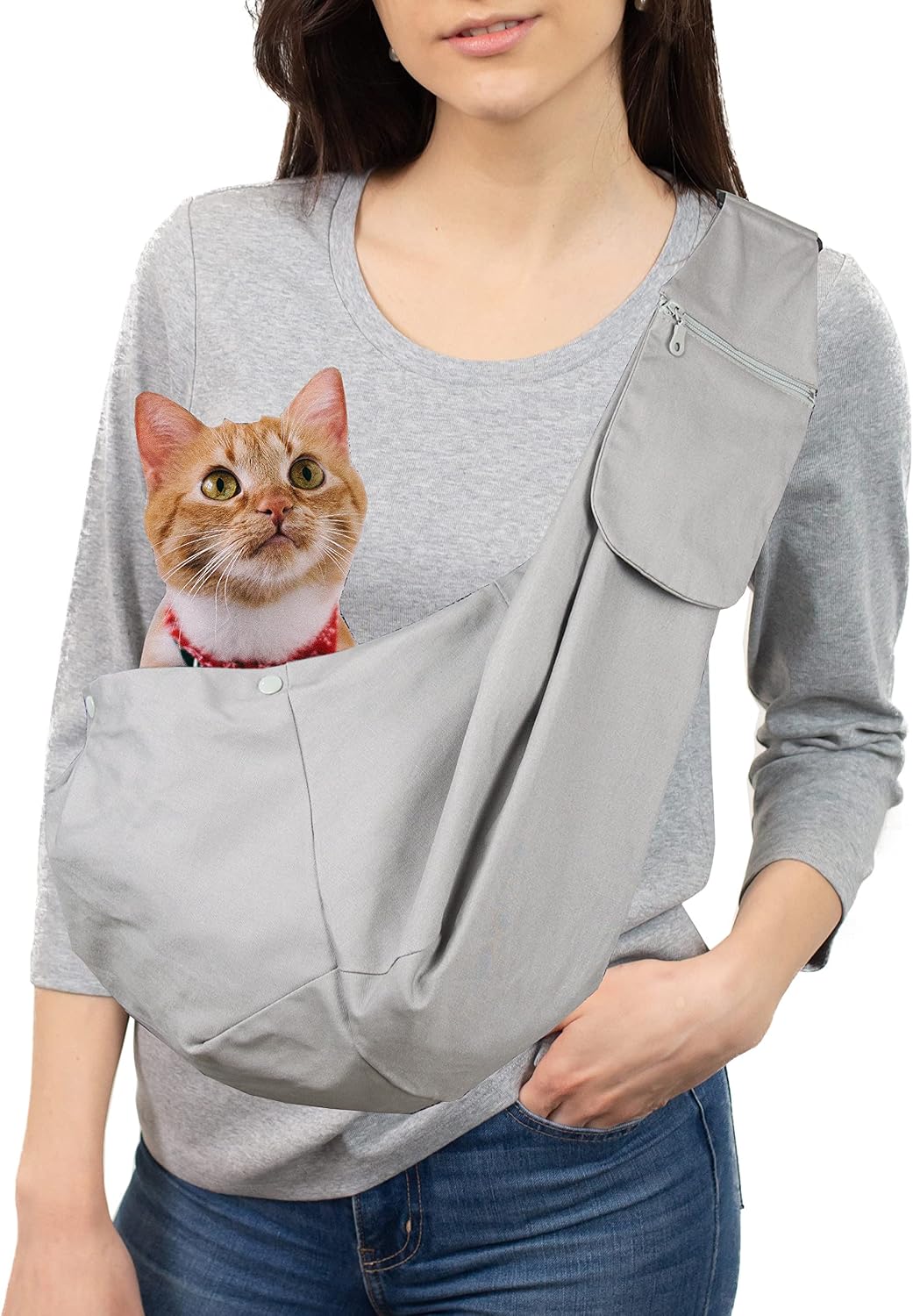 Pet Sling Carrier Adjustable Shoulder Strap Puppy Tote Hands Free Reversible Pet Backpack for Outdoor Travel Grey