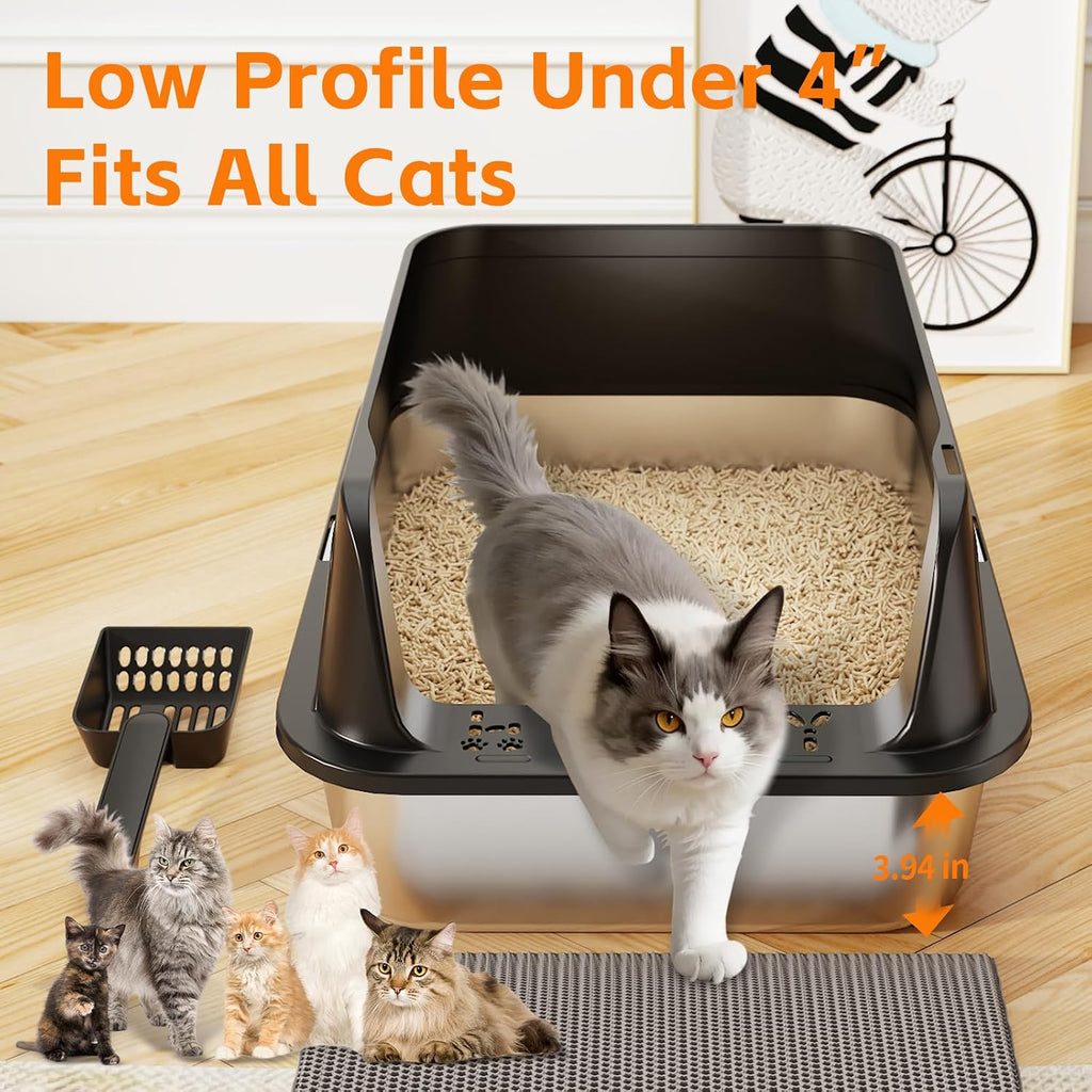 Premium Stainless Steel Cat Litter Box with Scoop – Large High-Sided Open Top Litter Pan, Rust-Resistant & Metal Kitty Litter Tray, Non-Stick Easy Clean Surface with Non-Slip Pads
