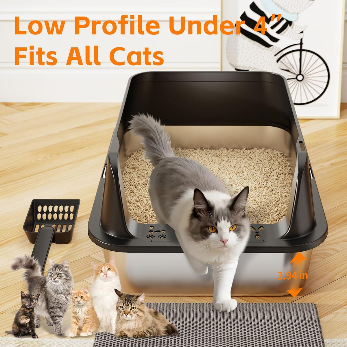 Premium Stainless Steel Cat Litter Box with Scoop – Large High-Sided Open Top Litter Pan, Rust-Resistant & Metal Kitty Litter Tray, Non-Stick Easy Clean Surface with Non-Slip Pads