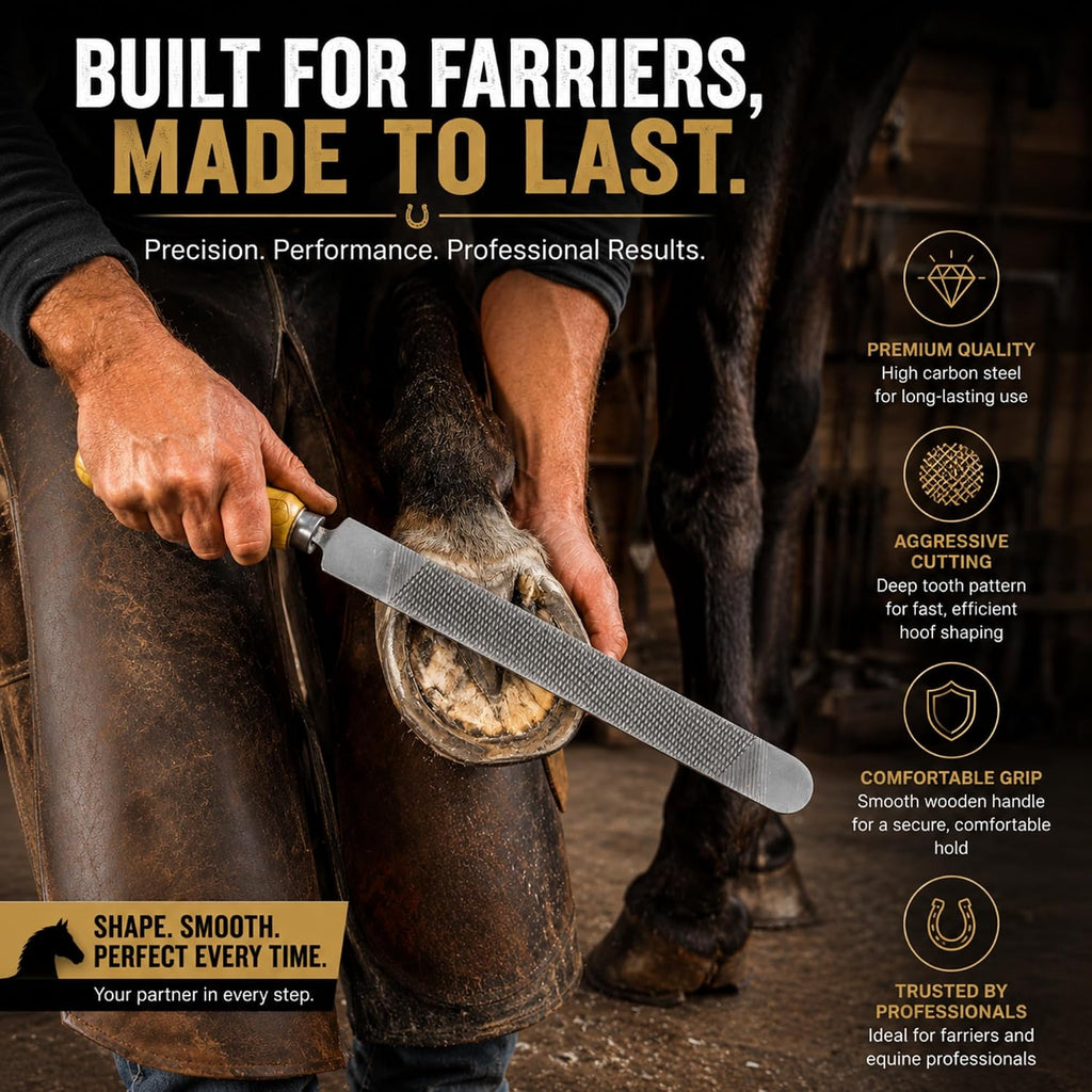 20" Hoof Rasp & Horseshoe File, Dual-Sided Coarse & Fine Farrier Rasp, Carbon Steel Hoof Trimming Tool with Non-Slip Wooden Handle for Horses, Goats, Cows & Livestock