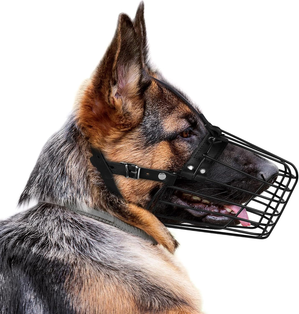 German Shepherd Dog Muzzle Metal Basket for Medium Large Dogs Adjustable Durable Leather Straps Secure Wire Mask for Biting Chewing Barking (Black, L - Size)