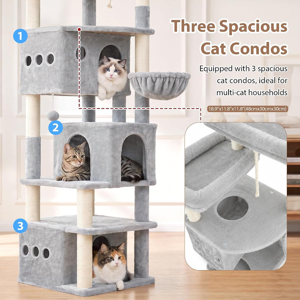 Cat Tree, 71.6'' Tall Cat Tower with 3 Large Cat Condos, GCT800W