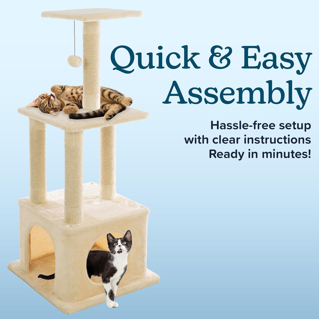 44 Inch Tall Cat Tree Tower - Cat Tower with Napping Perches, Kitten Condo, 4 Rope Scratching Posts, and Hanging Toy - Multi-Level Kitten Tree and Climbing Activity Furniture by PETMAKER (Beige)
