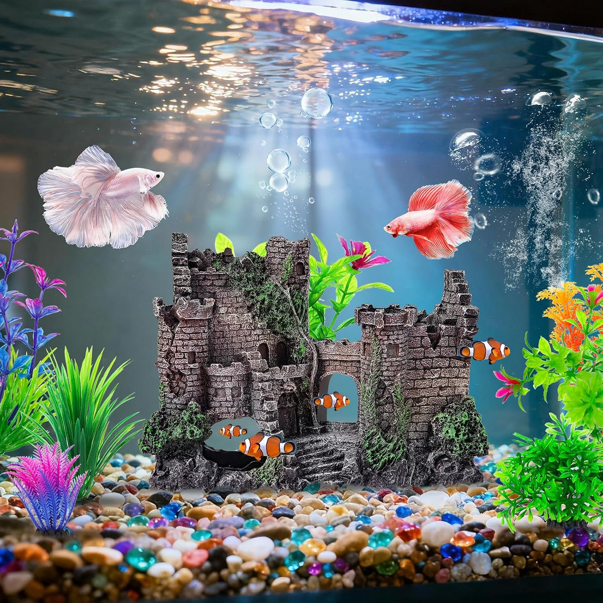 CousDUoBe Aquarium Decor Castle Fish Tank Bubbler Set Aquarium Plants for Aquatic Pets to Breed Play and Rest Fish Decorations for Tank