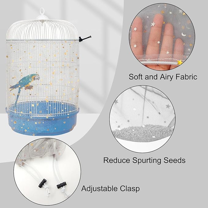 Bird Cage Seed Catcher, 45-90'' Adjustable Cover, Universal Nylon Mesh Net - Image 3