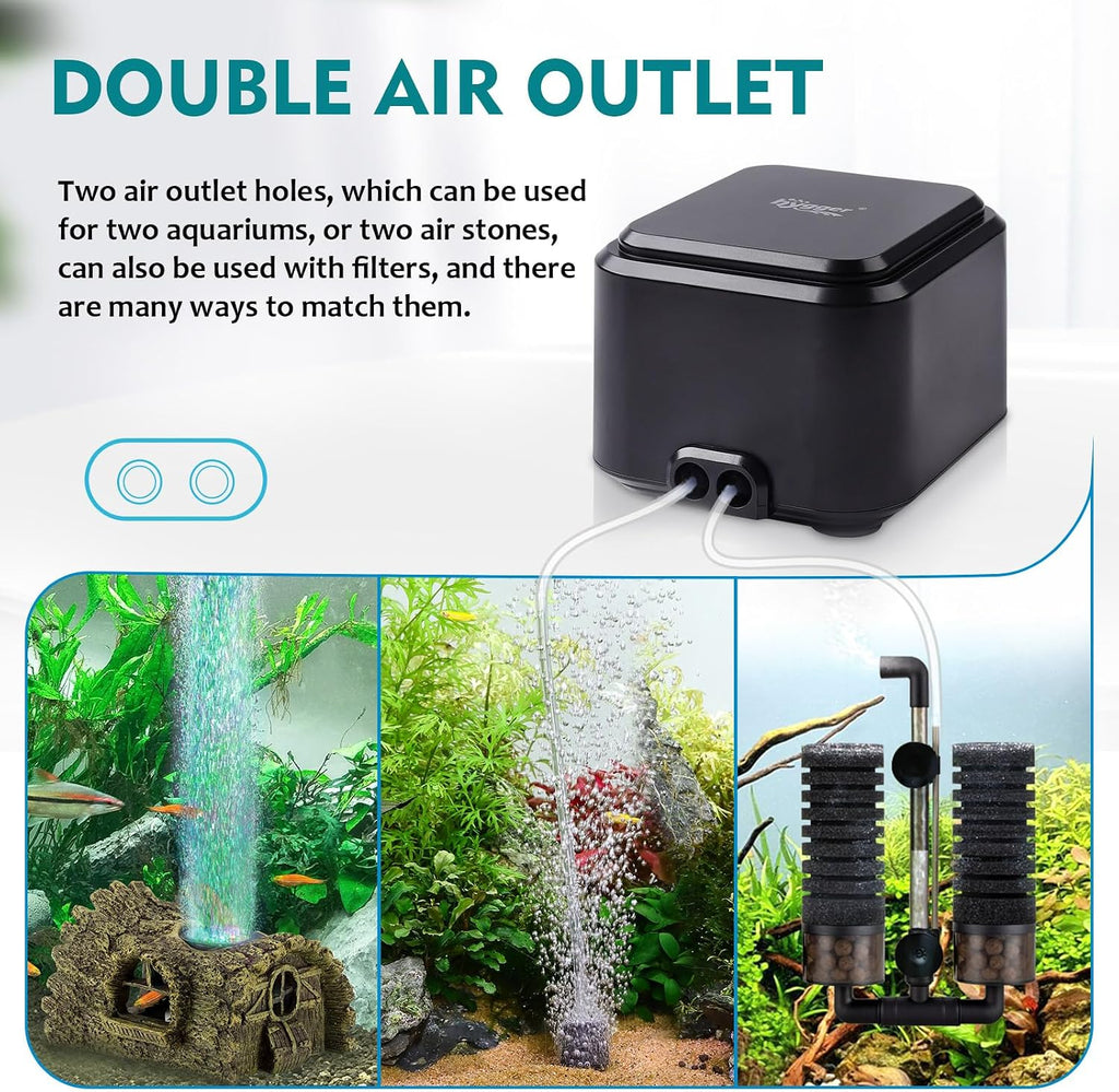 hygger Quiet <30dB Aquarium Air Pump, Adjustable Low Decibel Oxygen Fish Tank Pump 2 Air Outlets Ultra Silent Powerful Aerator Pump with Accessories Max 80GPH/160GPH/255GPH(3.5W,Up to 120Gallon)