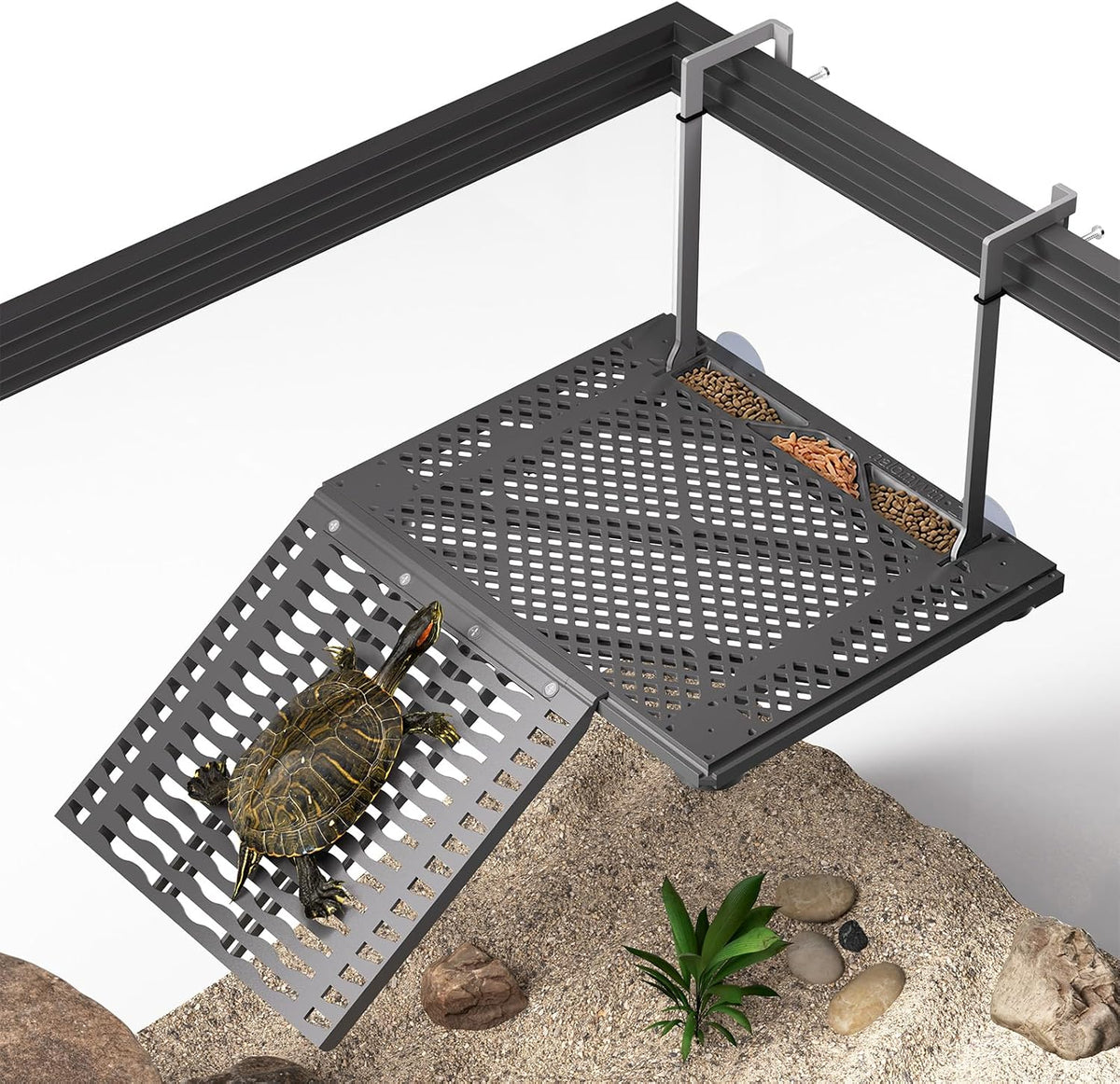Upgraded Hanging Turtle Basking Platform with with Ramp, Built-in Food Tray