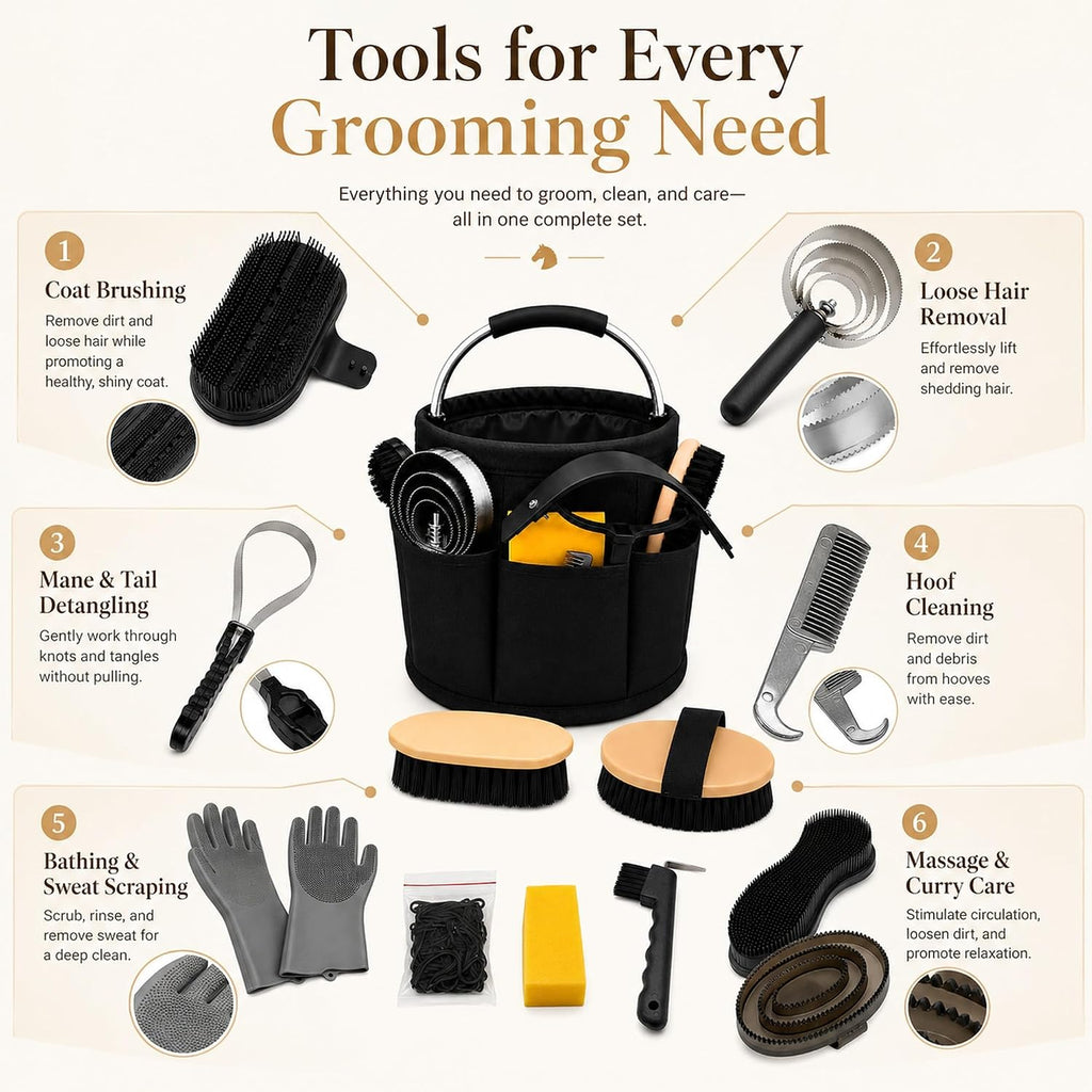 Horse Grooming Kit For Care Bathing & Shedding Brushes & Curry Combs with Organizer Bucket & Silicone Grooming Gloves All-in-One Supplies for Enthusiasts & Professionals