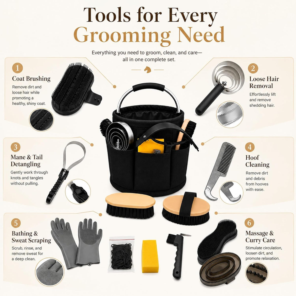 Horse Grooming Kit For Care Bathing & Shedding Brushes & Curry Combs with Organizer Bucket & Silicone Grooming Gloves All-in-One Supplies for Enthusiasts & Professionals