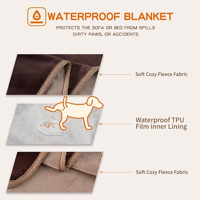 Waterproof Dog Blankets Brown, Soft Fluffy Sofa Car Bed Protector, Reversible - Image 3