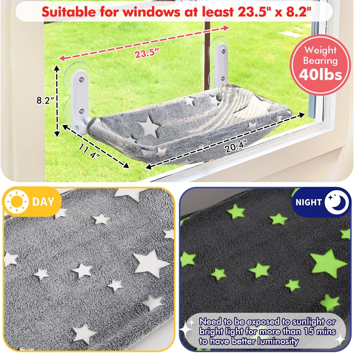 Zoratoo Glow in the Dark Cat Window Perch, Foldable Cordless Pet Hammock, M