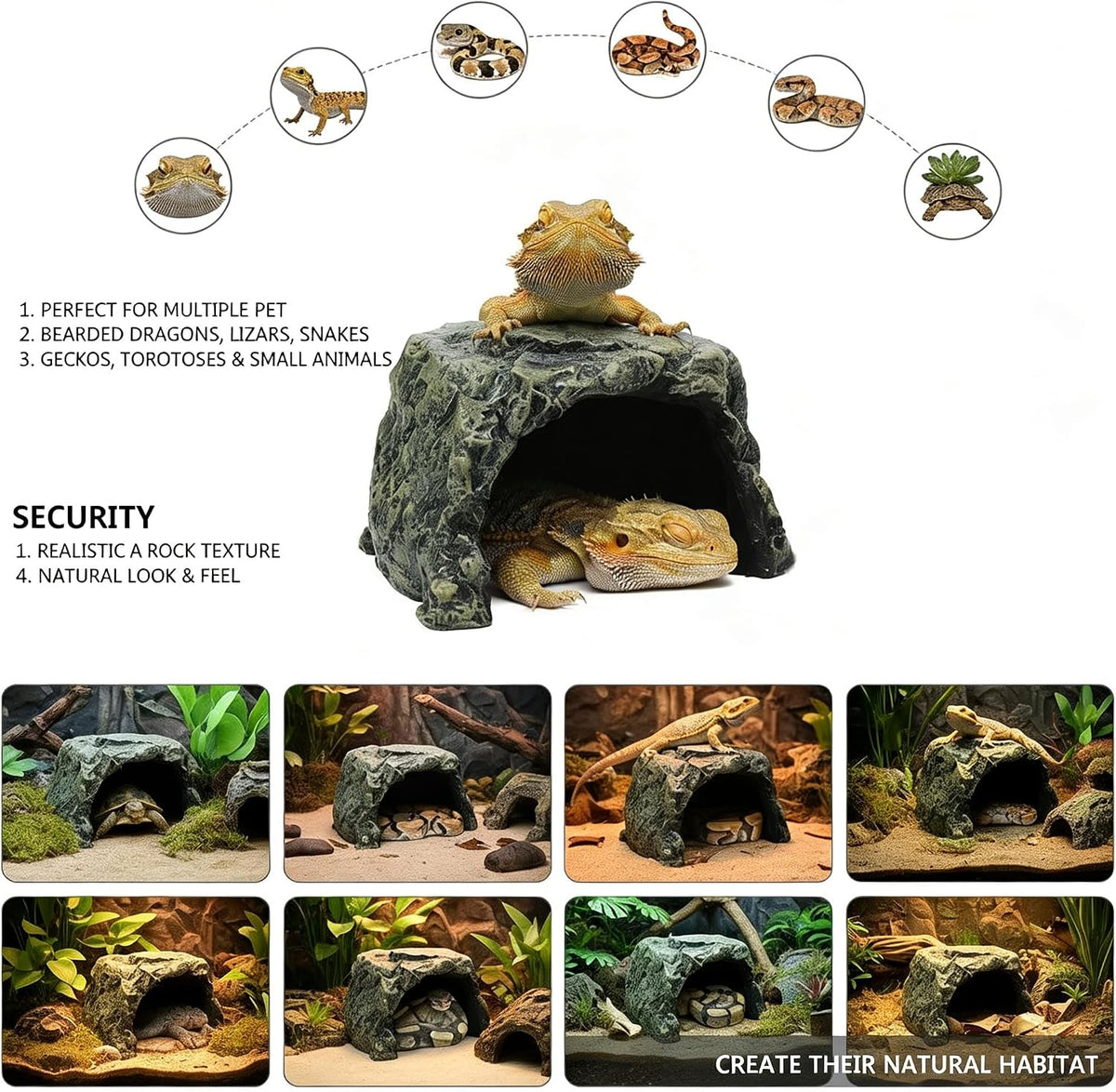 Generic Rock Hide Cave for Reptiles & Amphibians, Large Aquarium Fish Hide Cave Decoration, Stone Cave Hide House Terrarium & Aquarium Accessories for Betta, Shrimp, Turtle, Bearded Dragons, Lizards