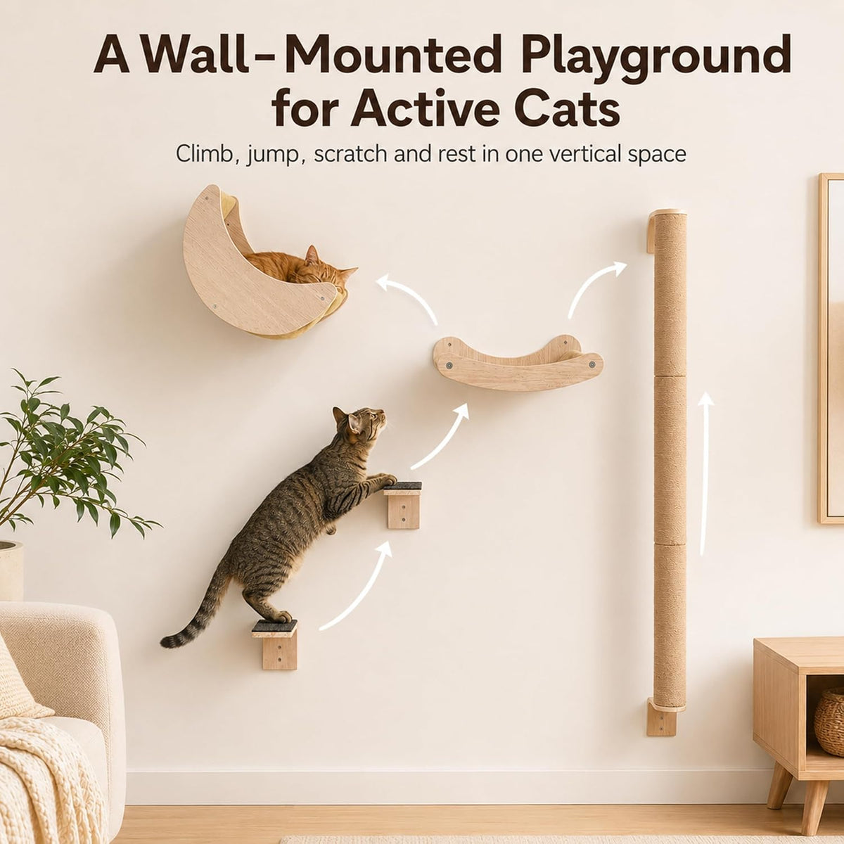Cat Wall Shelves Set, Cat Climbing System with Hammock & Scratching Post