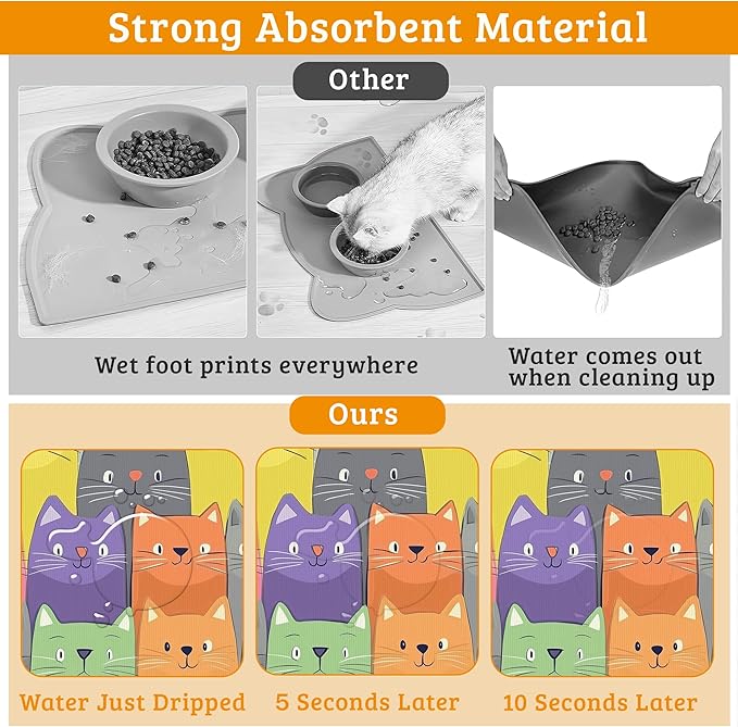 Cute Colorful Cats Dog Food Mat, Absorbent Pet Feeding Mat - Image 3