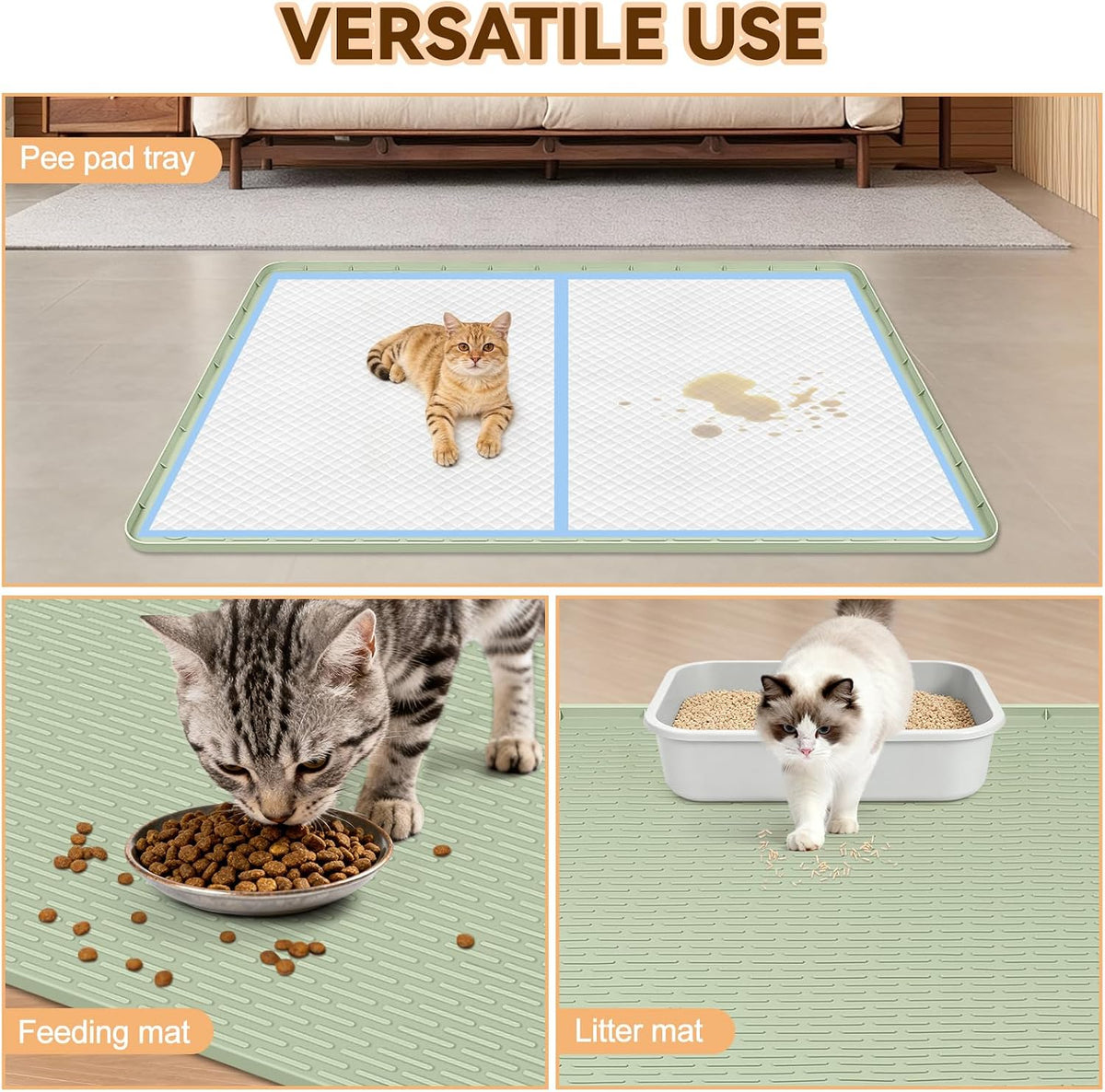 Rolcoassun Silicone cat Litter mat, 34" x 22" Litter Tray mat, Light Green