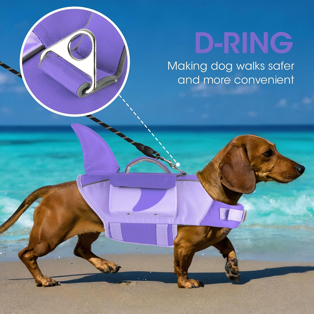 Dogcheer Shark Dog Life Jacket, High Buoyancy Dog Life Vest with Removable Foam Panels, Rescue Handle & Reflective Stripes, Dog Swimming Vest for Swim-Loving, Beginner, Senior & Weak Dogs, Purple XS