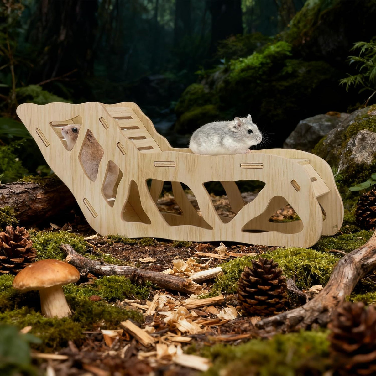 2Pcs Hamster House and Tunnel, Wooden Exploring Tunnel with Ladder, Small Animal Playground Exploring Toys for Syrian Dwarf Hamsters Gerbils Guinea Pig(Style1)