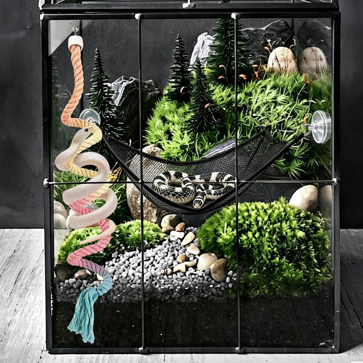 2Pack Snake Enclosure Accessories: A Snake Hammock and Snake Climbing Rope.