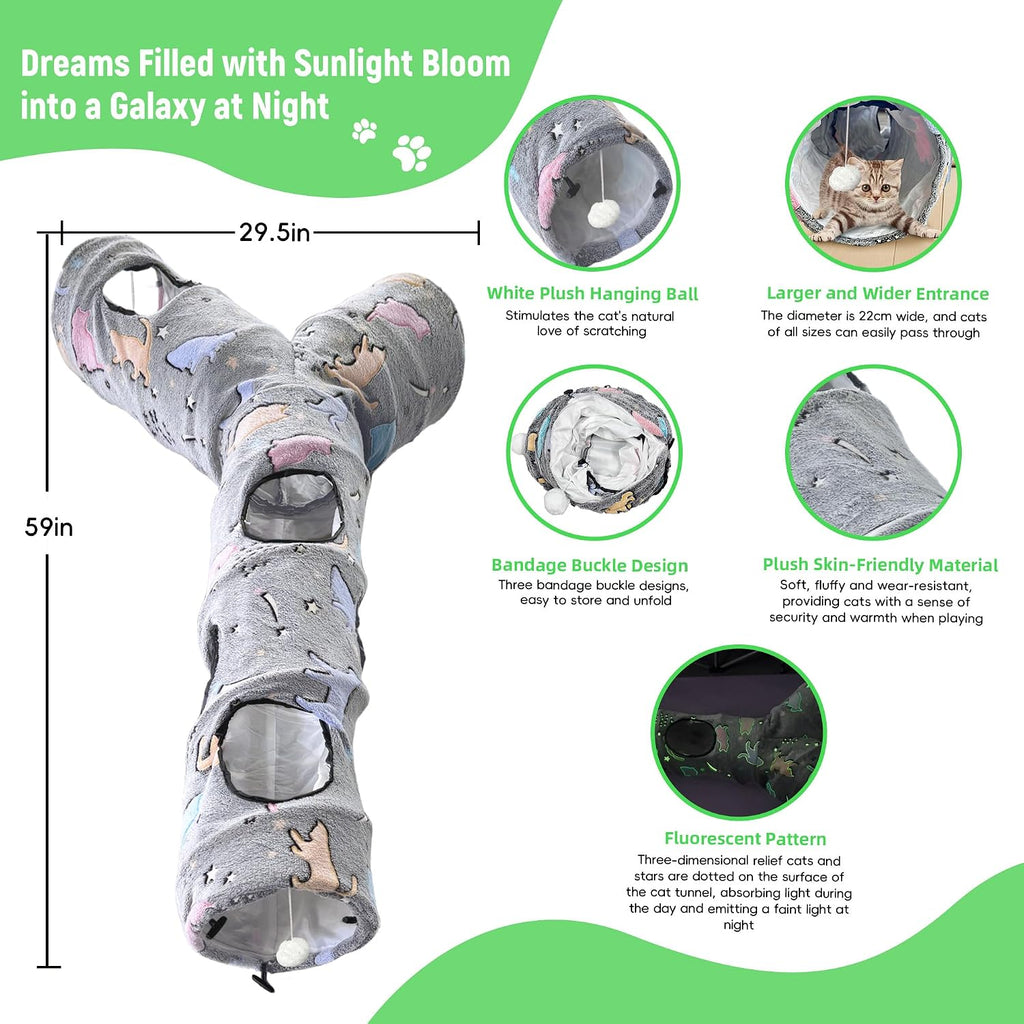 Cat Tunnel for Indoor Cats,Tree Trunk Cat Tunnels with Plush Ball Toys Collapsible,Stars, Moon Shape Self-Luminous, for Indoor Cats,Pets Bunny Rabbits, Kittens, Ferrets