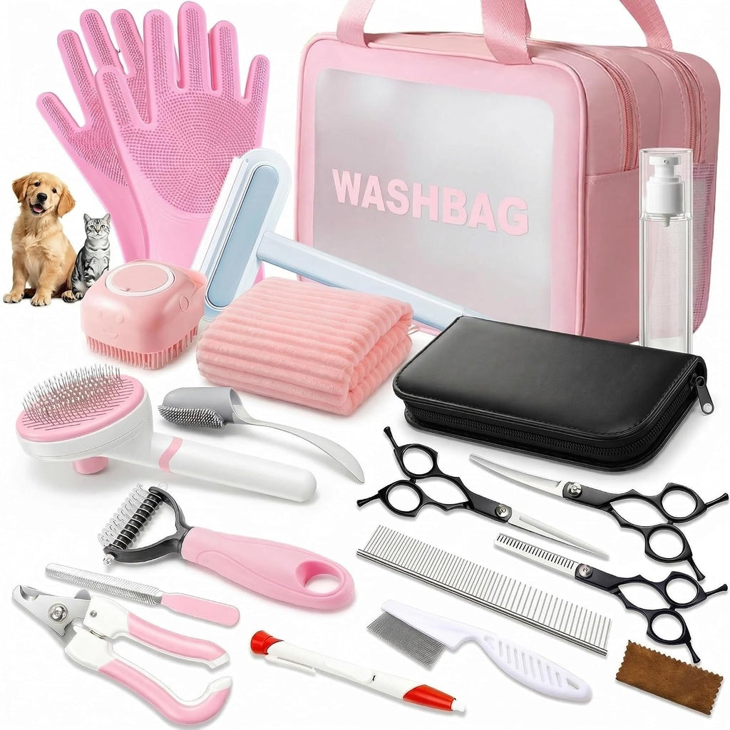 4PCS Dog Bath Kit & Dog Brush Kit for Dogs & Cats - Professional Pet Grooming Tools Set with Shedding Brush, Bath Scrubber, Dematting Comb & Storage Bag - Complete Dog Washing Essentials, Pink