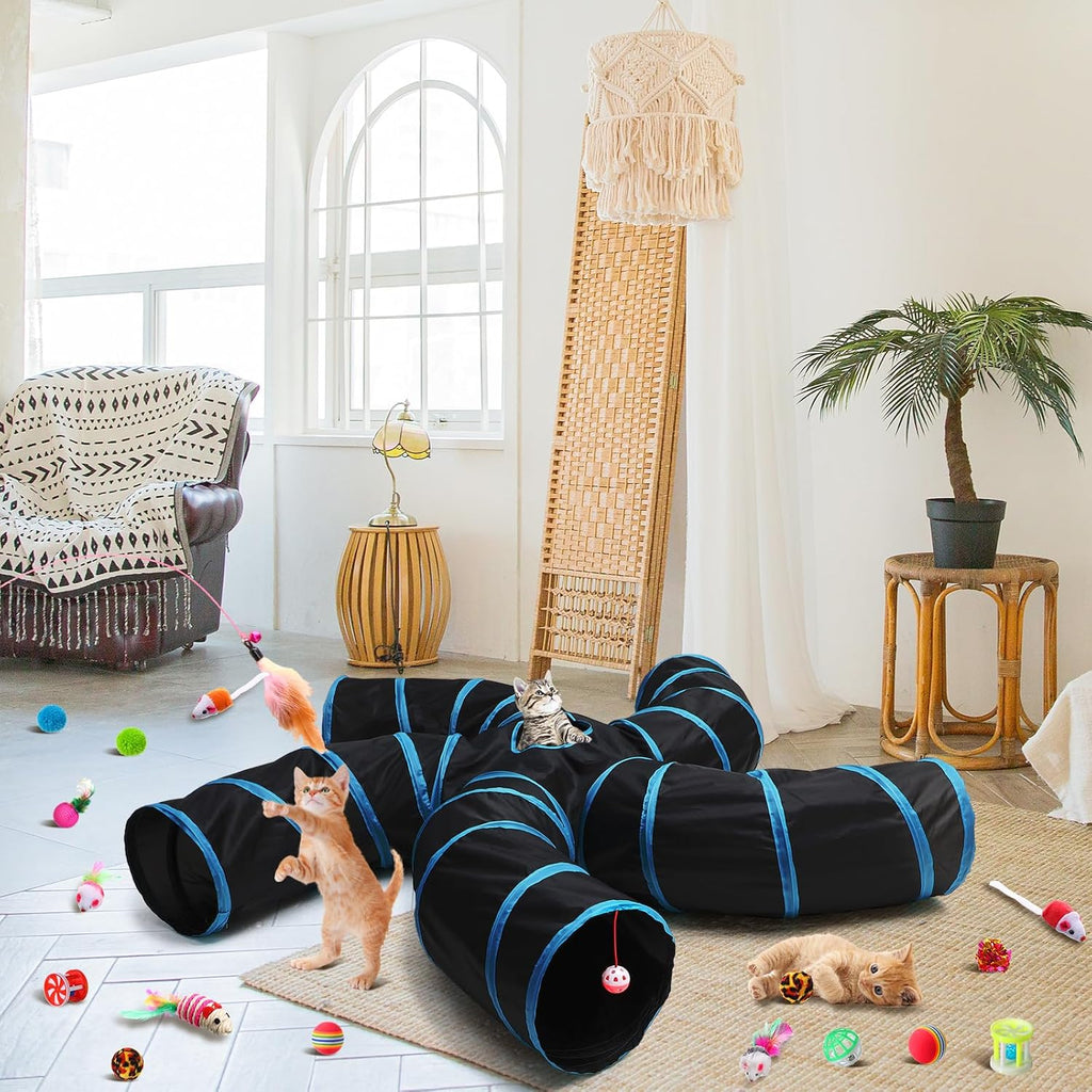 Poen 21 Pcs Cat Tunnels 5 Way Collapsible with 20 Toys Set, Blue Black