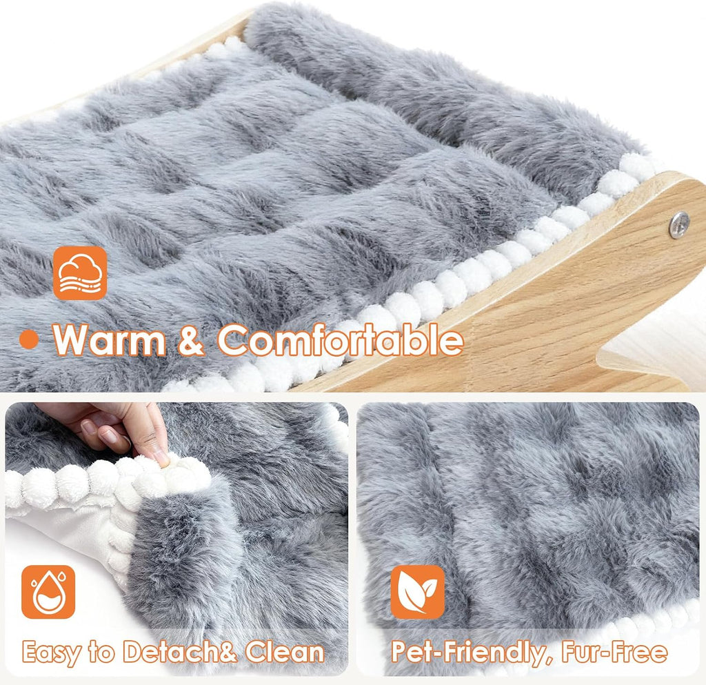 Plush Elevated Cat Bed - Cozy Raised Cat Hammock with Solid Wood Frame, Soft Furry Cushion for Indoor Cats & Small Dogs, Multi-Color Options(Grey)
