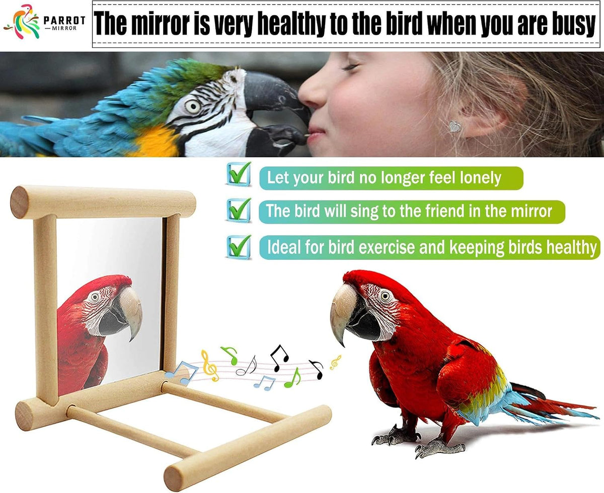 Blessed Family 2 Piece Bird Parakeet Mirror for Cage,Parrot Perch Stand,Wooden Hummingbird Swing Toy,Parakeet Accessories for Cockatiels Conure Finch Lovebird Canary African Grey Macaw
